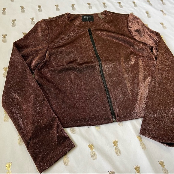 Tahari Bronze Shine Crop Zip Up Blazer Jacket - Picture 2 of 13